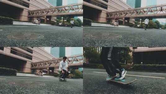 滑板少年在马路上滑行多角度拍摄高清在线视频素材下载