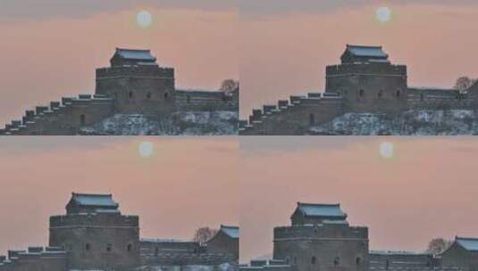 日落时长城的雪景鸟瞰图冬季高清在线视频素材下载