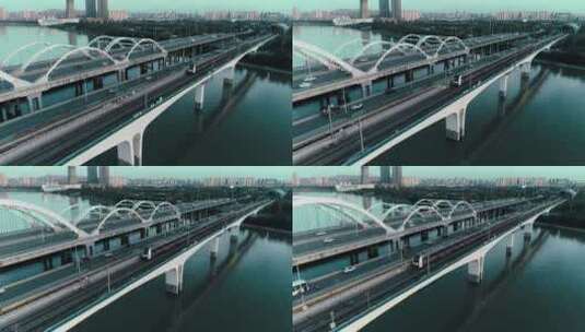 航拍西安浐灞广运大桥地铁高清在线视频素材下载