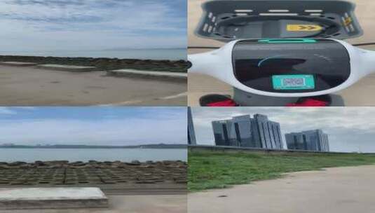 潮汕海湾畔骑电动车高清在线视频素材下载