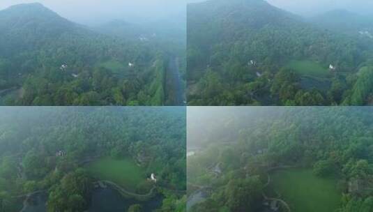 航拍杭州西湖太子湾公园早晨雾景视频高清在线视频素材下载