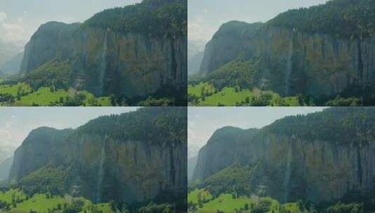 瑞士Lauterbrunnen的标志性瀑布Staubbachdown，空中锅高清在线视频素材下载