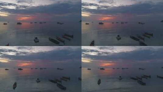 海滩在日落与船高清在线视频素材下载