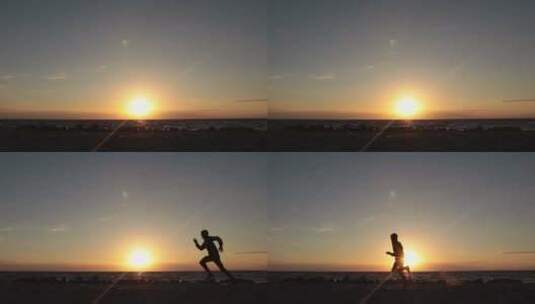 夕阳西下海边跑步的男性高清在线视频素材下载