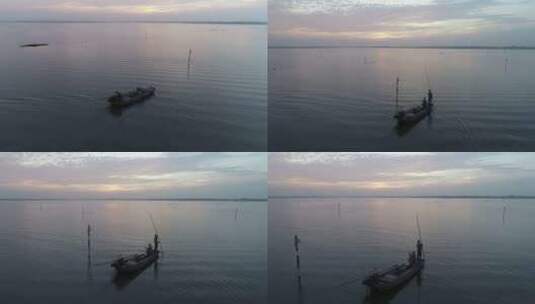苏州阳澄湖航拍清晨湖面渔船泛舟全景高清在线视频素材下载
