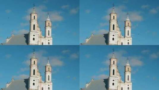 航拍教堂顶和飞鸟高清在线视频素材下载