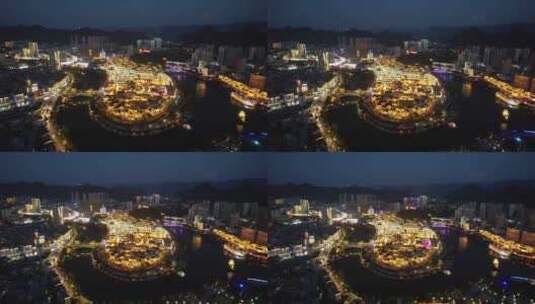 贵州铜仁中华门古城夜景灯光航拍高清在线视频素材下载