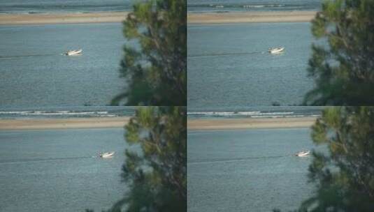 仍然拍摄了一艘渔船摩托艇在水面上行驶，前景是一棵树高清在线视频素材下载
