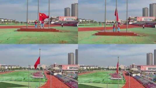 学校运动会现场学生升国旗航拍高清在线视频素材下载