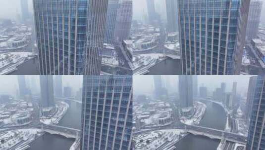 天津海河雪景航拍高清在线视频素材下载