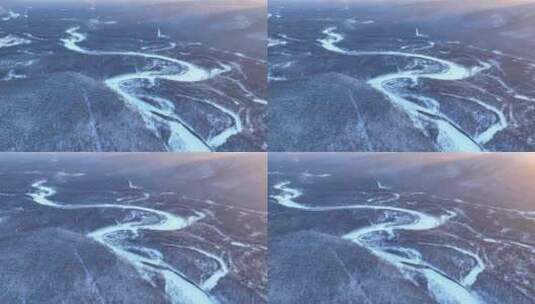 航拍黎明时的林海雪原冰封河流高清在线视频素材下载