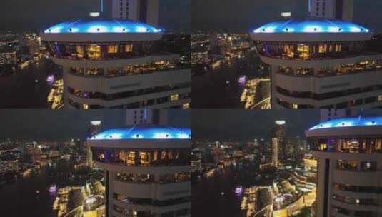 泰国航拍曼谷湄南河希尔顿酒店观景餐厅视野高清在线视频素材下载