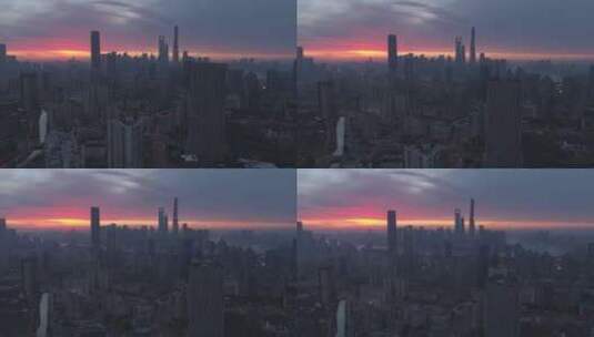 黄昏时分上海天际线的全景鸟瞰图。中国。无高清在线视频素材下载