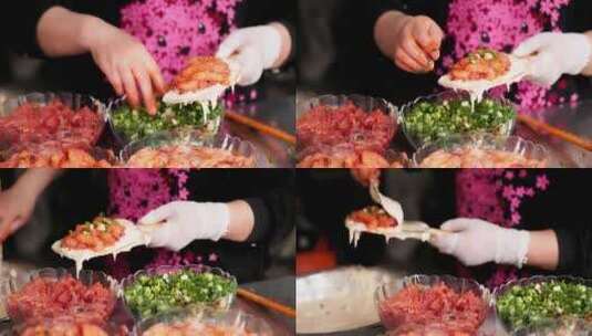 中国浙江省台州市传统美食油炸虾饼制作过程高清在线视频素材下载