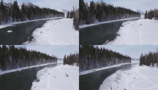 冬季喀纳斯河流晨雾雪山森林冰河观鱼台雪景高清在线视频素材下载