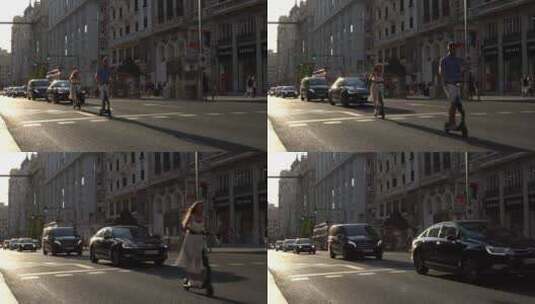 情侣在街上使用电动手推车高清在线视频素材下载