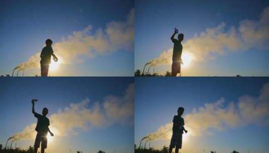飞机 起飞 降落 小男孩 夕阳 纸飞机高清在线视频素材下载