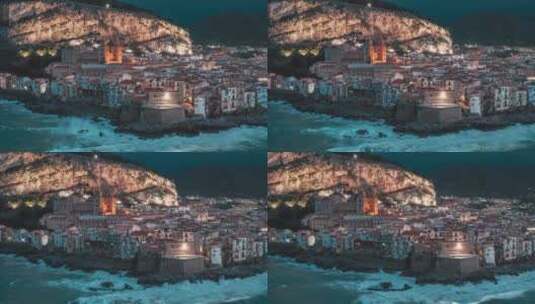 航拍夜间岛边城市高清在线视频素材下载