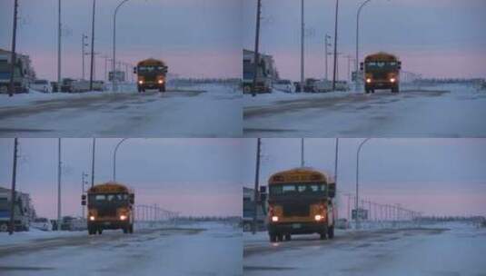 校车在积雪道路上行驶高清在线视频素材下载