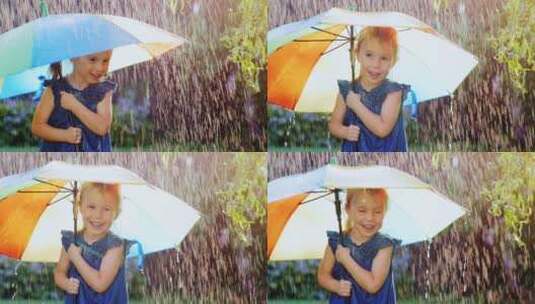 女孩打着雨伞站在雨下高清在线视频素材下载