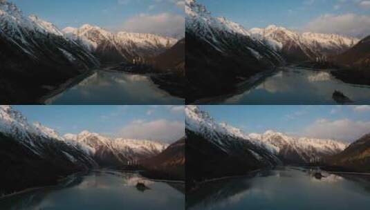 雪山湖泊视频青藏高原日照金山雪山倒影湖泊高清在线视频素材下载