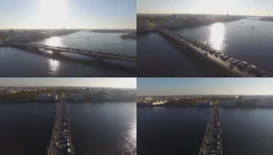 俄罗斯伏尔加河江面大桥航拍高清在线视频素材下载