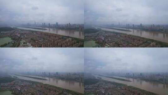 烟雨朦胧的长沙湘江橘子洲城市全景高清在线视频素材下载