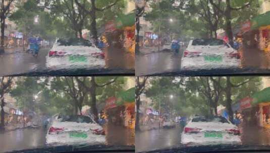 下暴雨 下雨天 雨中行人 车雨水 意境实拍高清在线视频素材下载