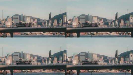 香港维港海旁高架双层巴士长焦摄影高清在线视频素材下载
