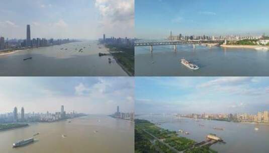 4K中国湖北武汉长江上的航运货船与城市高清在线视频素材下载