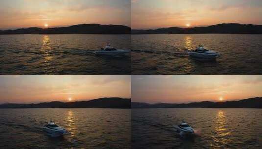航拍在日落的贝加尔湖上行驶的汽艇高清在线视频素材下载