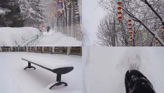 城市雪景 雪中行人高清在线视频素材下载