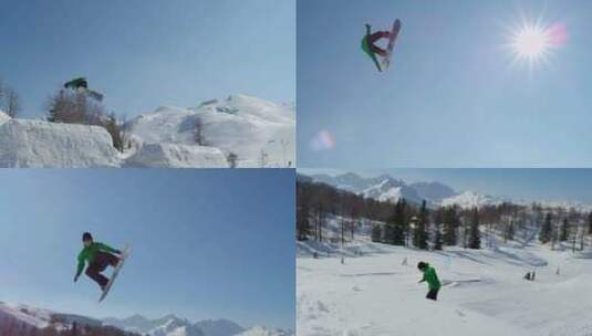 滑雪板运动员跳起慢动作高清在线视频素材下载