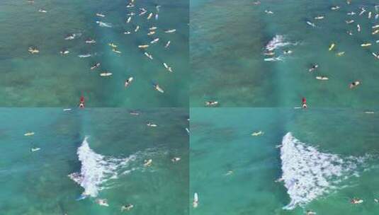 航拍夏日人们在海上冲浪玩水度假高清在线视频素材下载