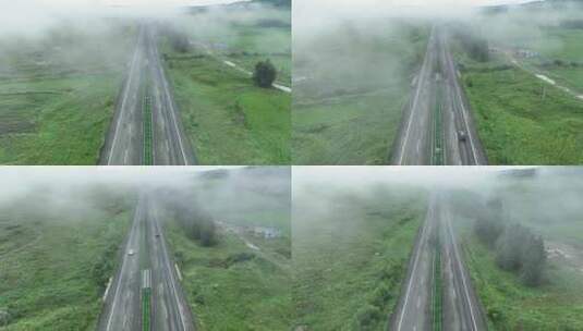 航怕大兴安岭晨雾高速公路行驶的汽车高清在线视频素材下载