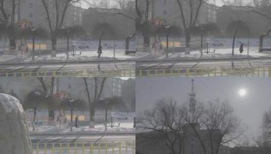 冬天道路旁光秃秃的树和被雪覆盖的城市道路高清在线视频素材下载