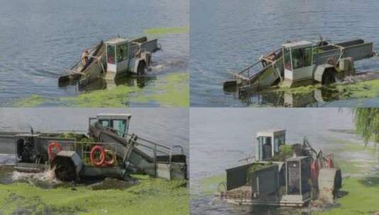 清污船清理河槽水草垃圾环卫保洁浑河沈阳高清在线视频素材下载