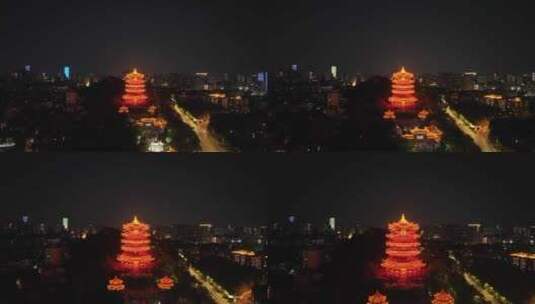 武汉黄鹤楼夜景航拍城市夜晚古建筑黑夜风光高清在线视频素材下载