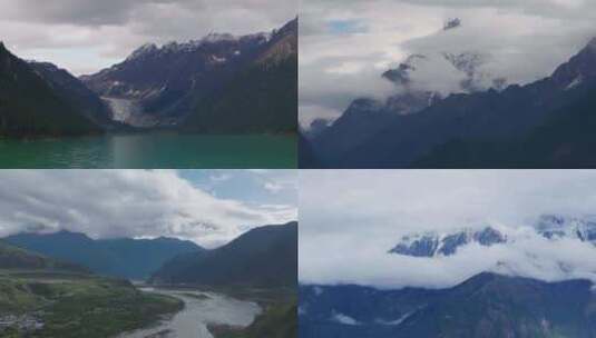 西藏高原/河流/雪山白云延时云雾航拍高清在线视频素材下载