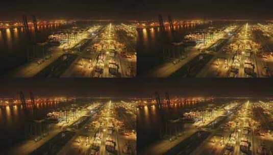 航拍夜景天津港码头集装箱物流运输高清在线视频素材下载