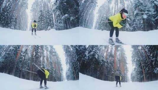 越野滑雪。女滑雪者在冬季森林的滑冰跑道上高清在线视频素材下载