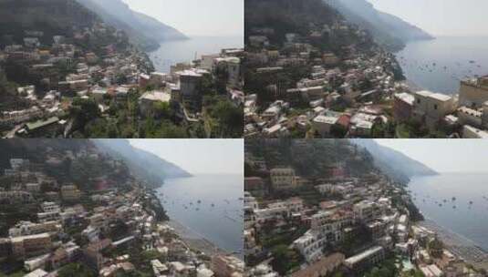 意大利波西塔诺彩色别墅的空中视频，悬崖边高清在线视频素材下载