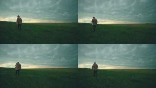 4K-男人走在微风吹动的田野中高清在线视频素材下载