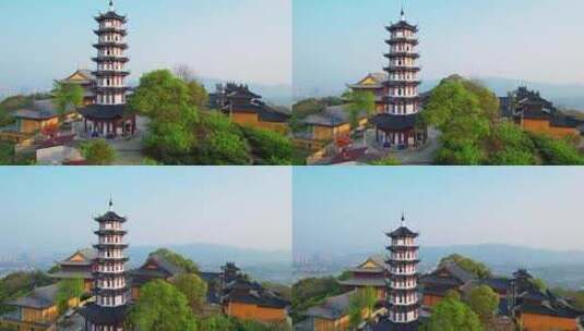 杭州萧山湘湖先照寺建筑风景航拍高清在线视频素材下载