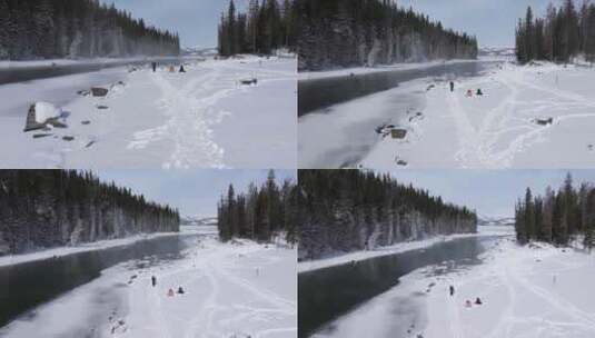 冬季喀纳斯河流晨雾雪山森林冰河观鱼台雪景高清在线视频素材下载