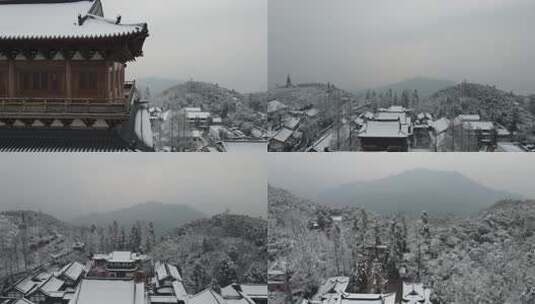 航拍杭州径山寺中式古建筑寺庙山顶森林雪景高清在线视频素材下载