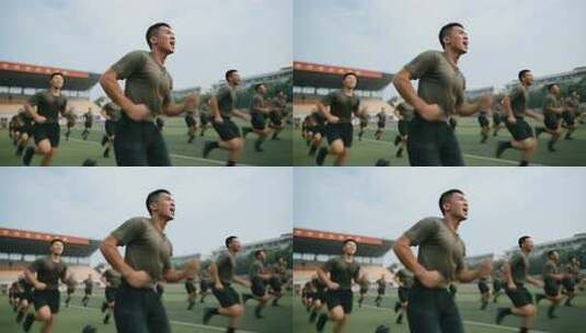 军人操场集体跑步训练高清在线视频素材下载