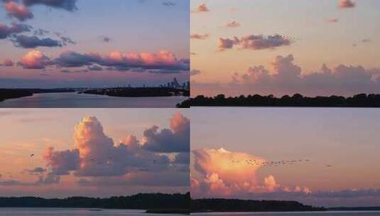 湖畔日落时分彩云飞鸟景象高清在线视频素材下载