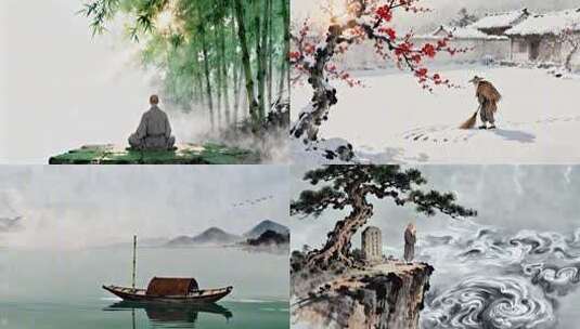 水墨中国风禅意山水 古风人物写意水墨画高清在线视频素材下载