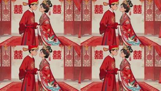 中式卡通风格新人婚礼画面高清在线视频素材下载
